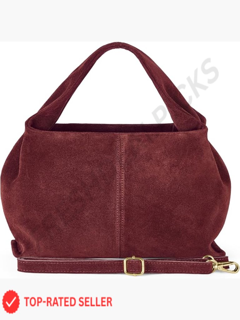 Italian Suede Shoulder Bag Sculpted Top Handle Detachable Strap Medium Satchel